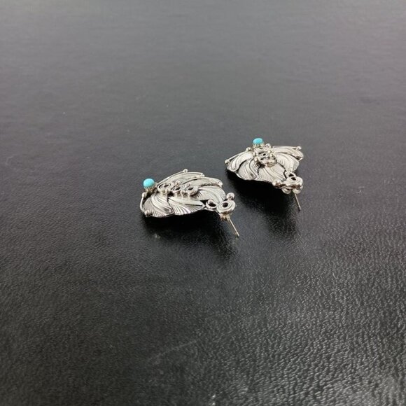 Native America Navajo Sterling Silver Turquoise Leaf Post Earring's By D. Morgan - Picture 3 of 7